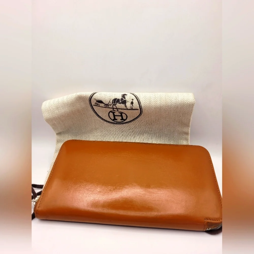 Hermes Leather Long Zip Around Camel Wallet